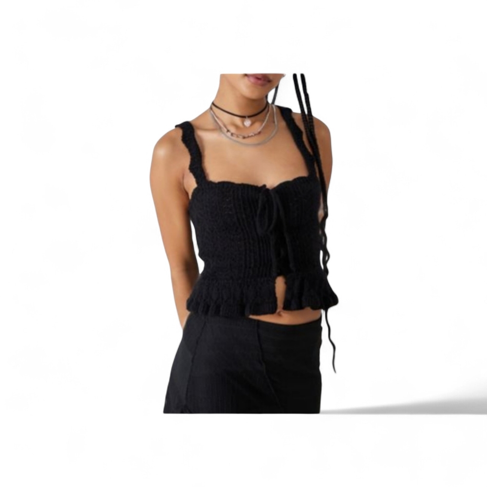 NWT Black Small Lace-Up Crochet Knit Crop Tank Boho Gothic Festival Coquettecore